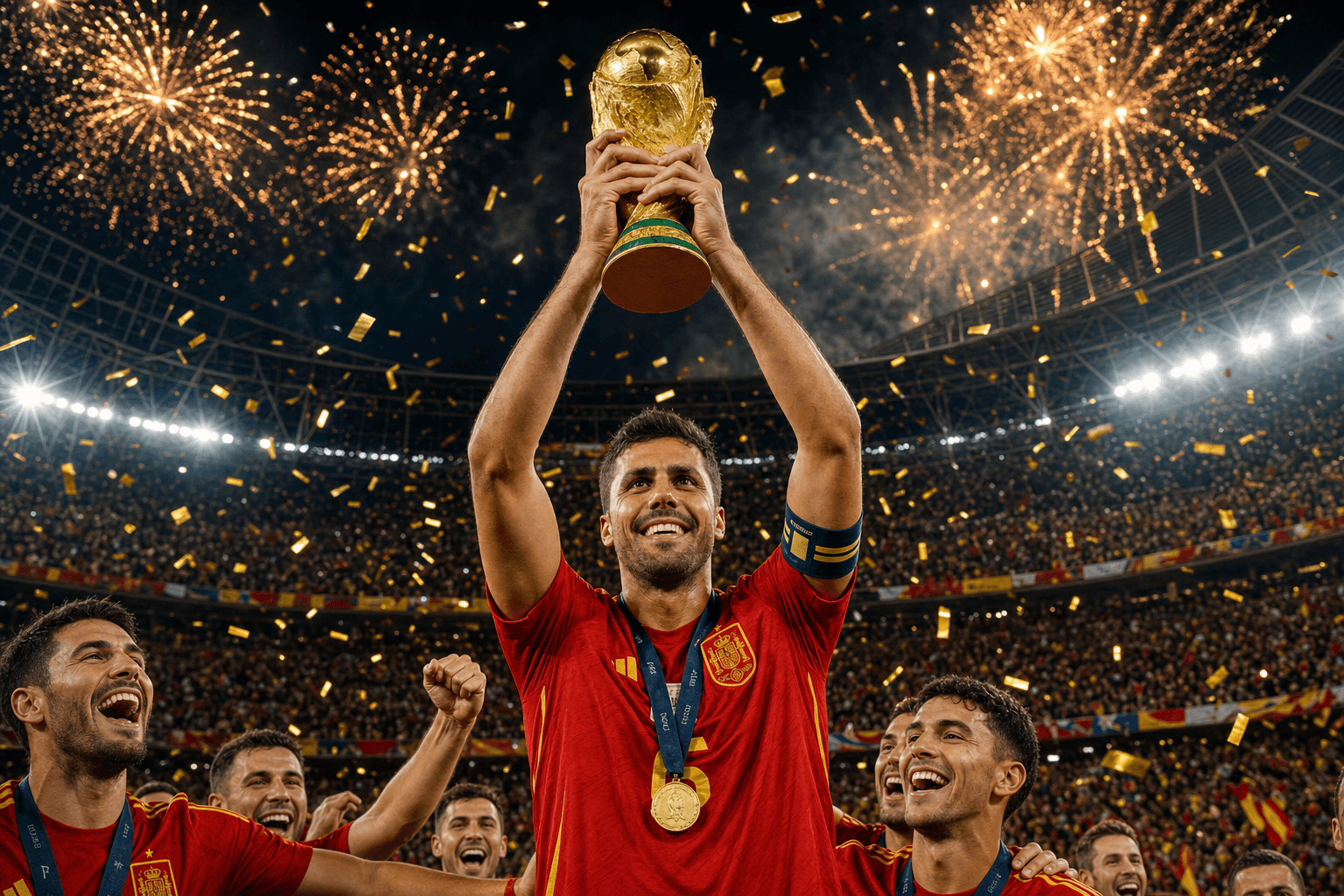 Rodri lifts the FIFA World Cup trophy as fireworks explode over MetLife Stadium